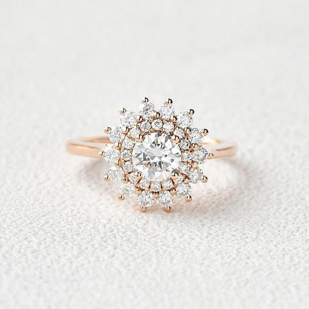 Round Cut Floral Halo Moissanite Engagement Wedding Ring