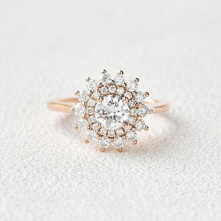 Round Cut Floral Halo Moissanite Engagement Wedding Ring
