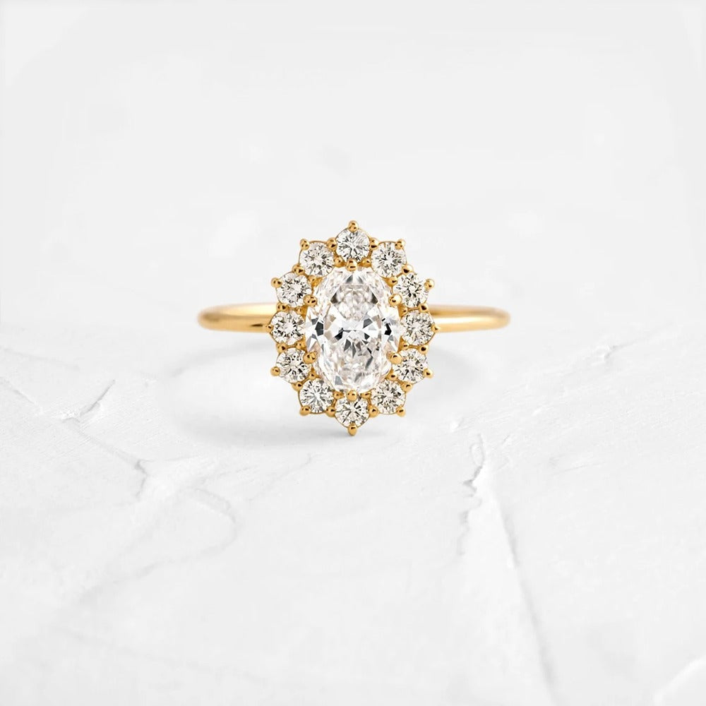 Oval Cut Floral Halo Moissanite Engagement Ring