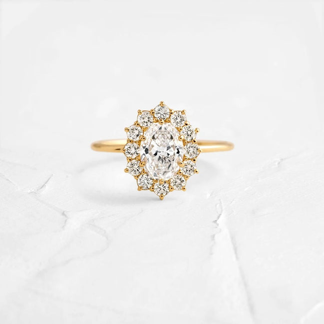 Oval Cut Floral Halo Moissanite Engagement Ring