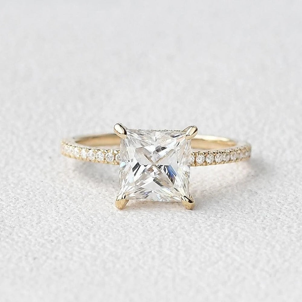 Princess Cut Hidden Halo Moissanite Engagement Ring