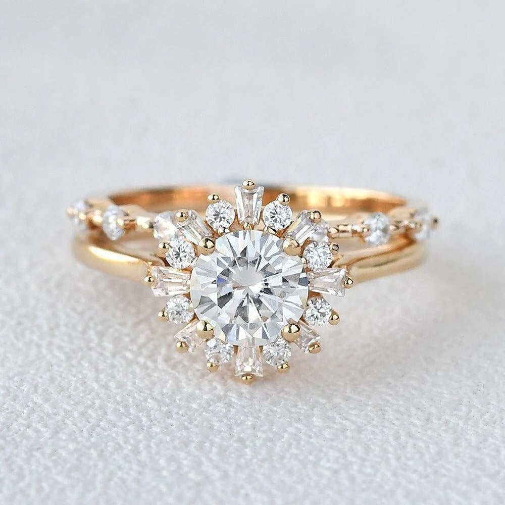 Round Cut Floral Halo Moissanite Wedding Bridal Set
