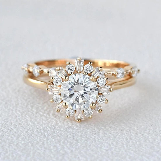 Round Cut Floral Halo Moissanite Wedding Bridal Set
