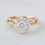 Round Cut Floral Halo Moissanite Wedding Bridal Set
