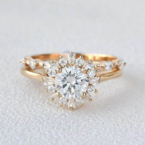 Round Cut Floral Halo Moissanite Wedding Bridal Set
