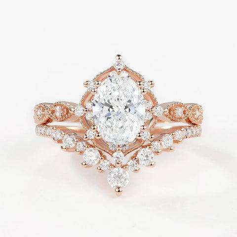 Lab Crated Moissanite Oval Cut Filigree Wedding Proposal Ring Set