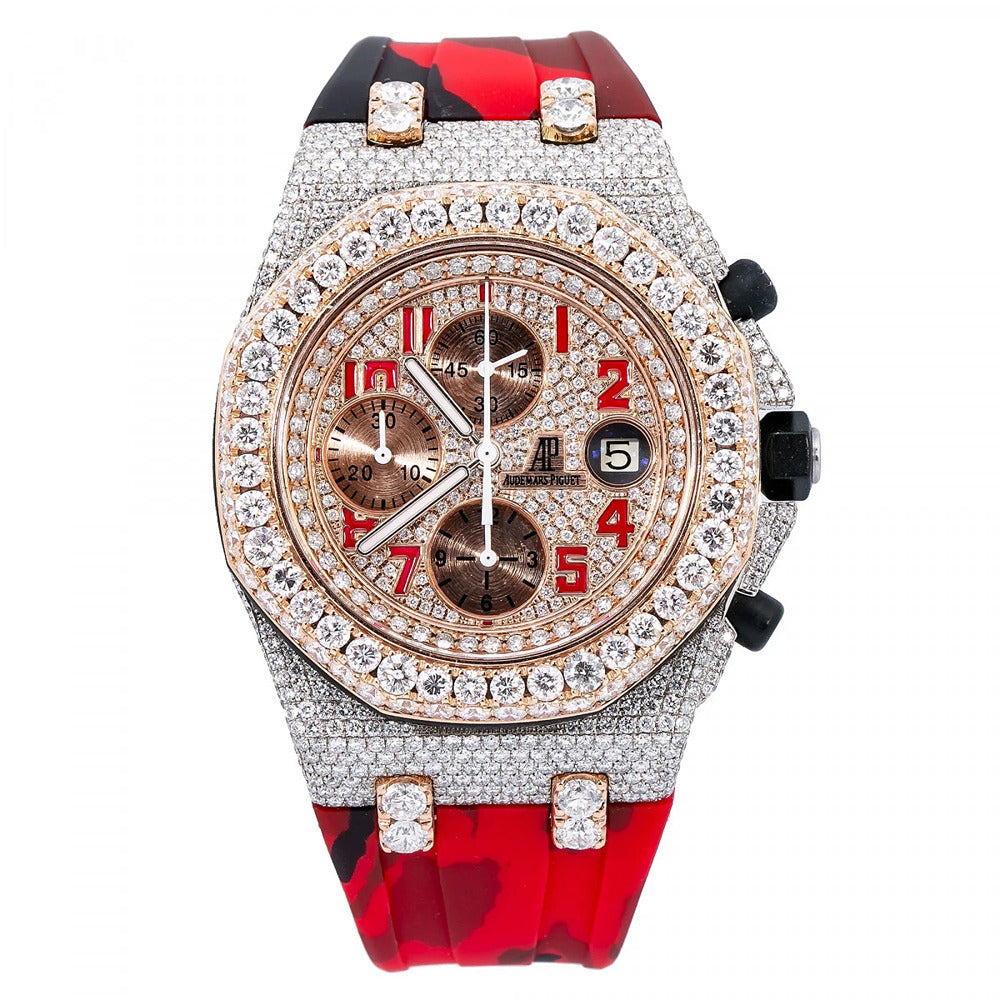 Red Rubber Strap Chrono Dial Moissanite Watch