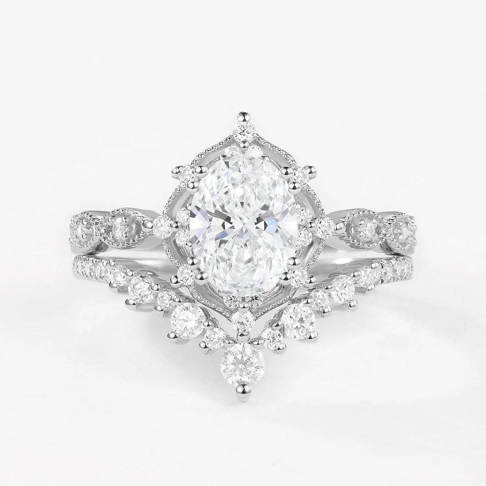 Lab Crated Moissanite Oval Cut Filigree Wedding Proposal Ring Set