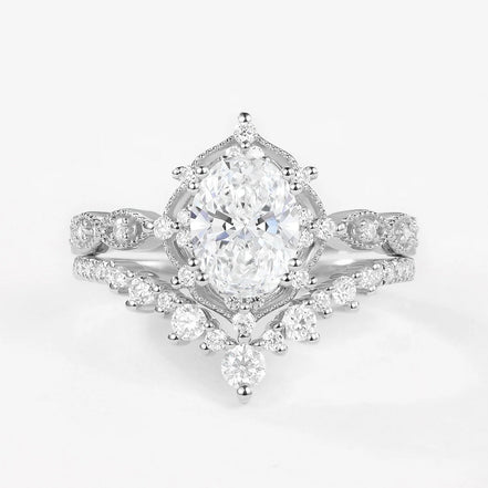 Lab Crated Moissanite Oval Cut Filigree Wedding Proposal Ring Set