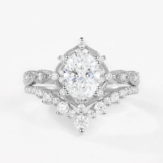 Lab Crated Moissanite Oval Cut Filigree Wedding Proposal Ring Set