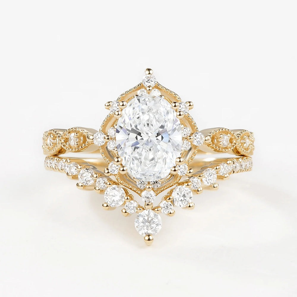 Lab Crated Moissanite Oval Cut Filigree Wedding Proposal Ring Set