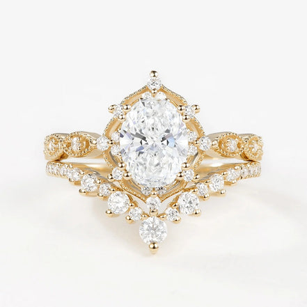 Lab Crated Moissanite Oval Cut Filigree Wedding Proposal Ring Set