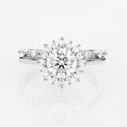 Moissanite Round & Baguette Floral Halo Wedding Ring Set