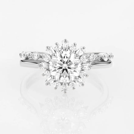 Moissanite Round & Baguette Floral Halo Wedding Ring Set