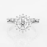 Moissanite Round & Baguette Floral Halo Wedding Ring Set