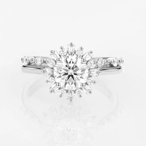 Moissanite Round & Baguette Floral Halo Wedding Ring Set