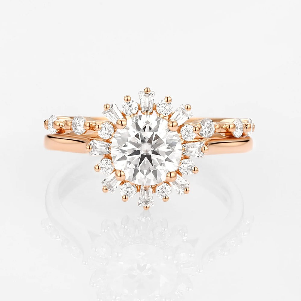 Moissanite Round & Baguette Floral Halo Wedding Ring Set