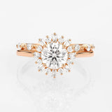 Moissanite Round & Baguette Floral Halo Wedding Ring Set