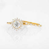 Moissanite Round & Baguette Floral Halo Wedding Ring Set