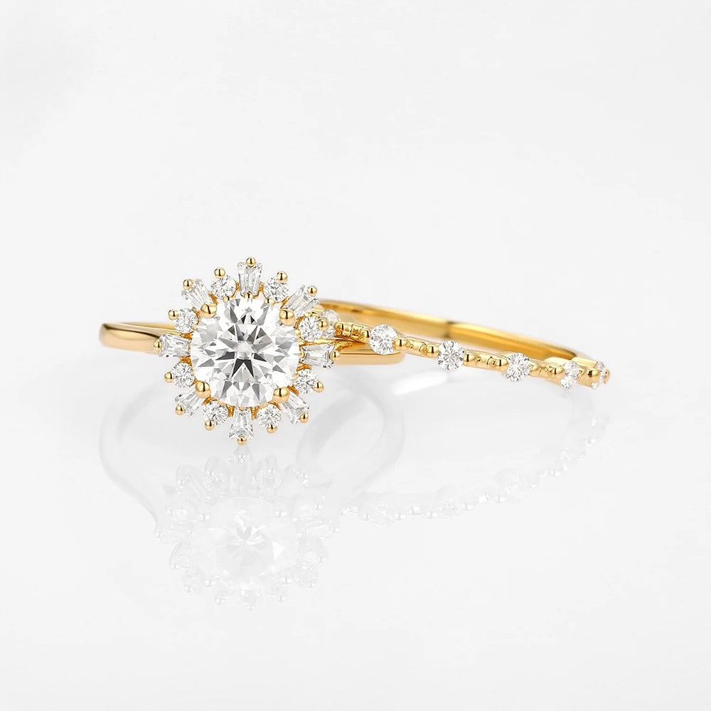Moissanite Round & Baguette Floral Halo Wedding Ring Set