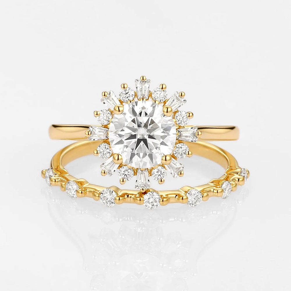 Moissanite Round & Baguette Floral Halo Wedding Ring Set