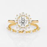 Moissanite Round & Baguette Floral Halo Wedding Ring Set