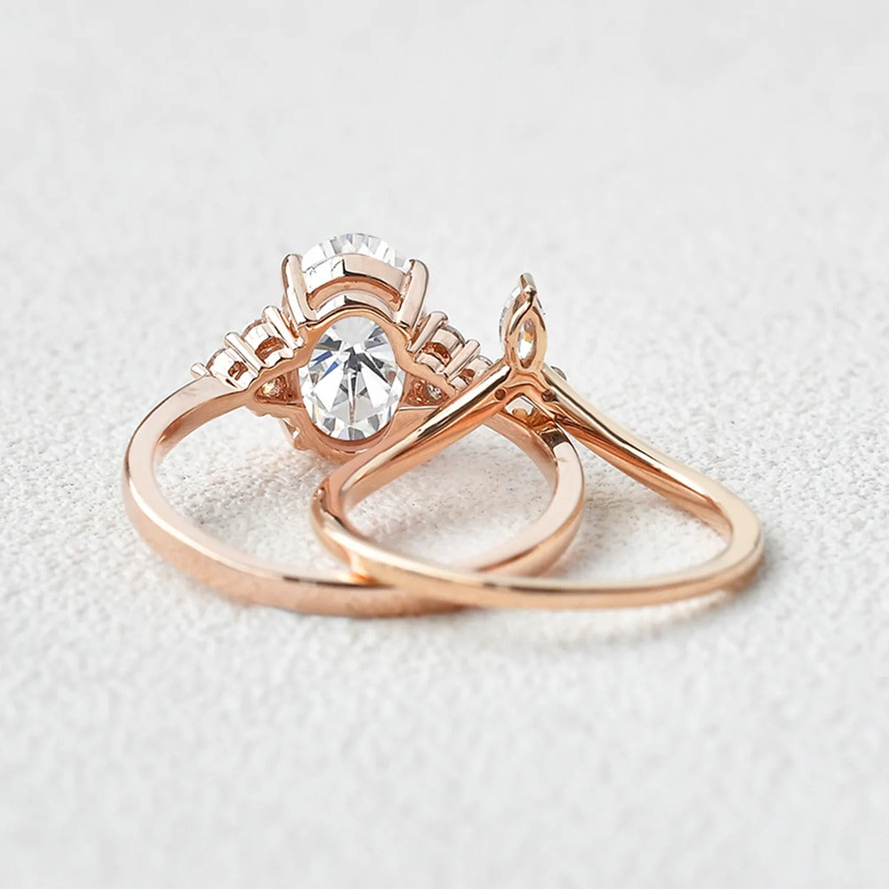 D Color Moissanite Oval Cut Seven Stone Wedding Ring Set For Her