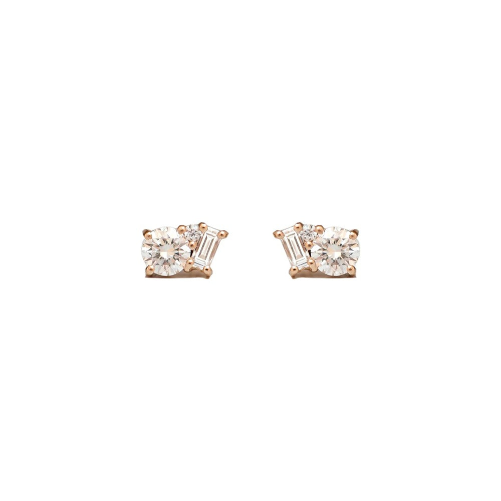 Fancy Style Moissanite Round & Baguette Cut Stud Earring