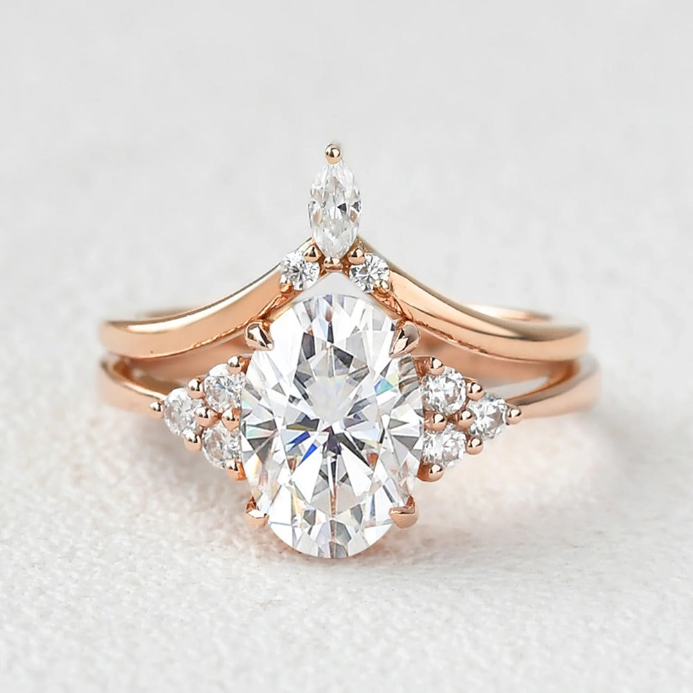 D Color Moissanite Oval Cut Seven Stone Wedding Ring Set For Her