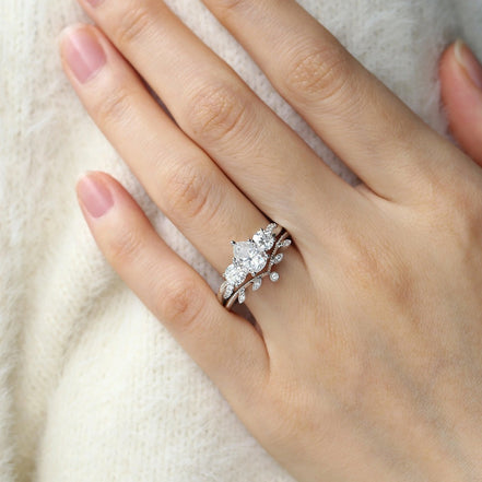 Three Stone Pear Cut Moissanite Bridal Ring Set