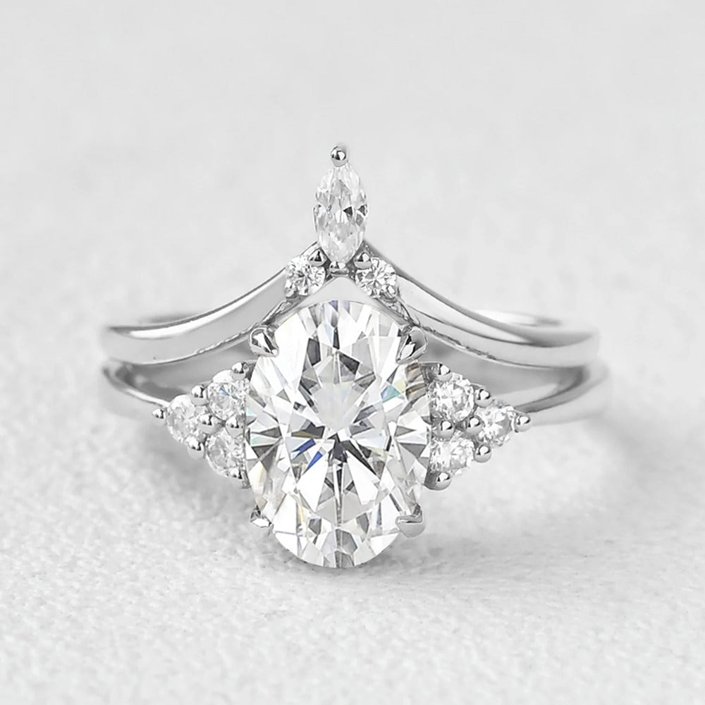 D Color Moissanite Oval Cut Seven Stone Wedding Ring Set For Her