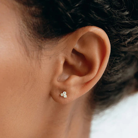Three Stone D Color Moissanite Round Cut Small Stud Earring
