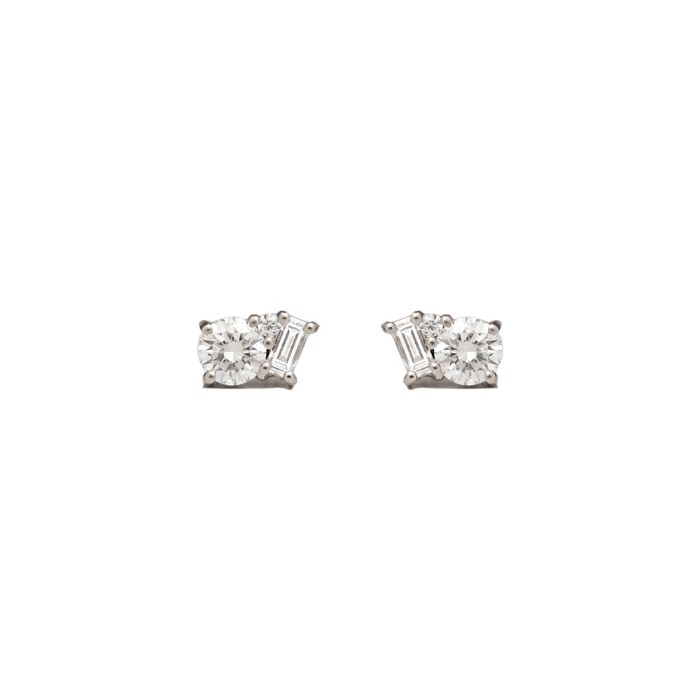 Fancy Style Moissanite Round & Baguette Cut Stud Earring