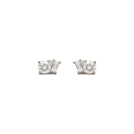 Fancy Style Moissanite Round & Baguette Cut Stud Earring