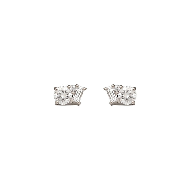 Fancy Style Moissanite Round & Baguette Cut Stud Earring