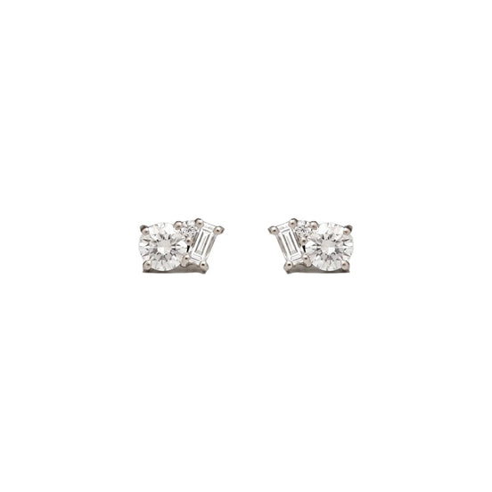 Fancy Style Moissanite Round & Baguette Cut Stud Earring